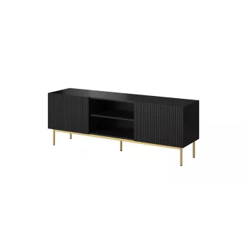TV skapis Cama PAFOS uz zelta tērauda kājām 150x40x60 cm matēti melns, skaidu plātnes virsma