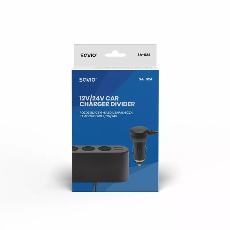 Auto USB lādētājs SAVIO SA-024 — universāla ierīču uzlāde no 12–24 V, 5 V, melns, cigarešu šķiltavas