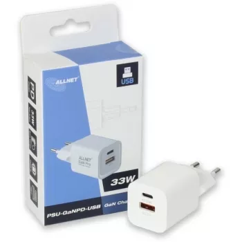 ALLNET PSU-GaNPD-USB-1A1C-33W lādētājs — 33W GaN sienas lādētājs ar USB-C PD un USB-A QC, EU kontaktdakša