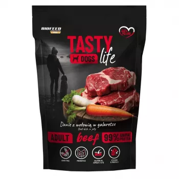 Slapjā suņu barība BIOFEED Tasty Life liellopu gaļa 90% 500 g paciņa, pilnvērtīga pieaugušo barība, proteīns 12%, tauki 6.5%, mitrums 79%