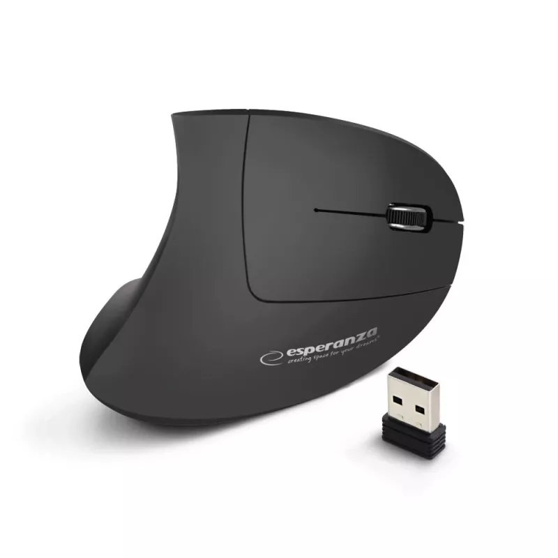 Bezvadu pele ESPERANZA EM133 — ergonomiska labai rokai, 1600 DPI, 6 pogas, 2.4 GHz USB nano uztvērējs, 10 m darbības rādiuss, melna