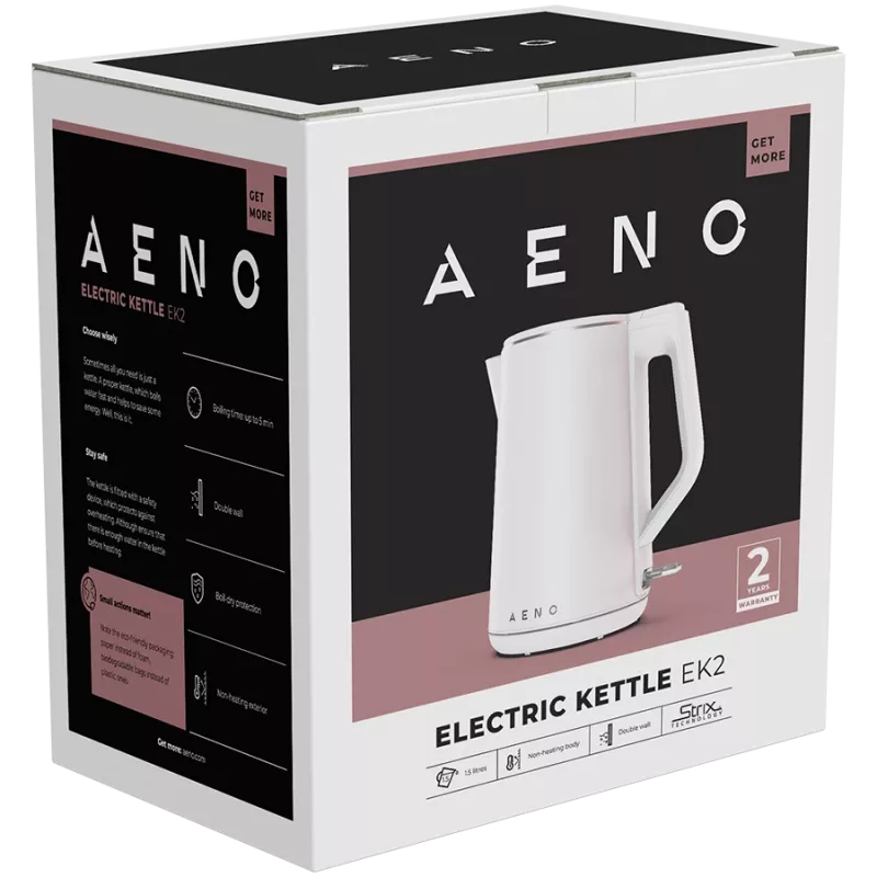 AENO Elektriskā tējkanna EK2: 1850-2200W, 1,5L, Strix, dubultās sienas, neuzkarsējošs korpuss, automātiska izslēgšanās, aizsardzība pret sauso vārīšanu