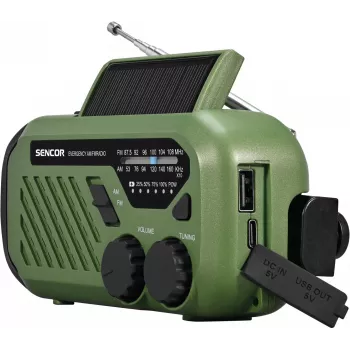 Portatīvais FM/AM radio SENCOR SRD1000SCLGR ar Bluetooth, saules/roku griešanas/USB-C uzlādi, 2000mAh akumulators, IPX4, LED gaismas