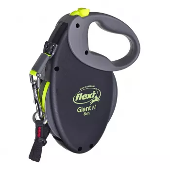 Izvelkamā lente Flexi NEON GIANT M — 8 m, lentes pavada, max slodze 25 kg, ergonomisks rokturis, melna/dzeltena
