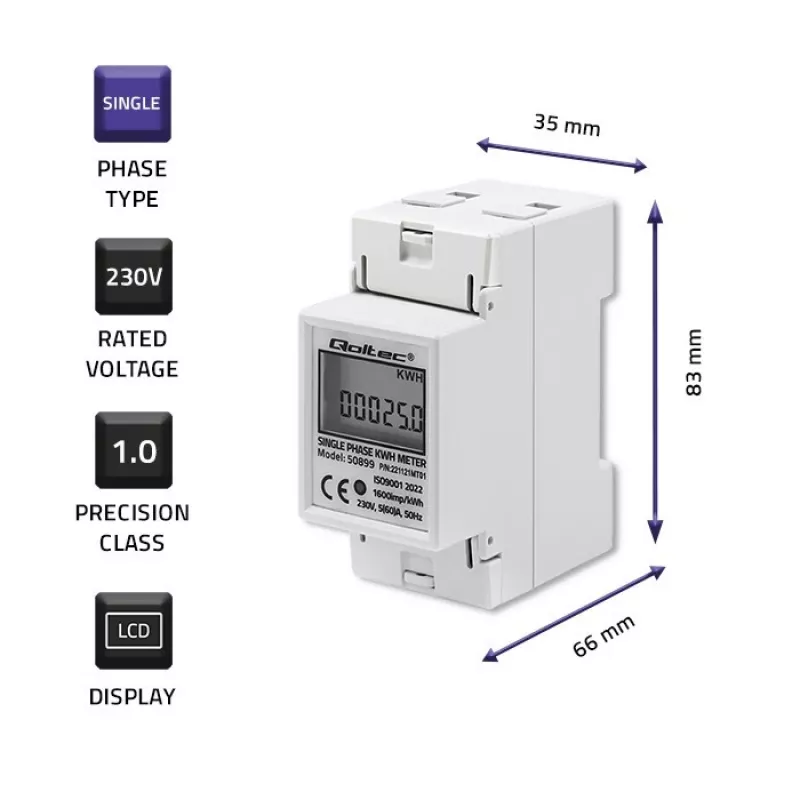 Vienfāzes elektroenerģijas skaitītājs QOLTEC 50899 230 V 50 Hz, 5(60)A, 1.0 klase, LCD
