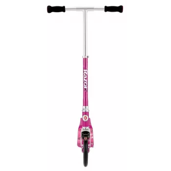 Scooteris Razor A5 Lux — salokāms alumīnija, 20 cm poliuretāna riteņi, regulējams stūres statnis, max slodze 100 kg, rozā