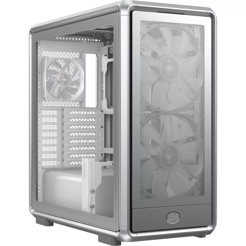 PC Midi Tornis Cooler Master MasterFrame 600 Mesh Sudraba — atbalsta ATX/EATX, priekšā 2×200mm, 2.5 collu/3.5 collu diskdziņi