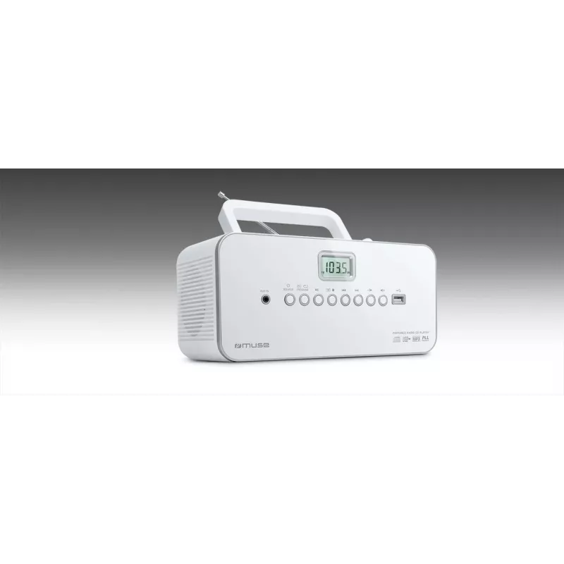 Pārnēsājama stereo sistēma Muse M-28RDW — CD/MP3 atskaņotājs, FM/MW uztvērējs, 3W RMS, balta, 1.4 kg