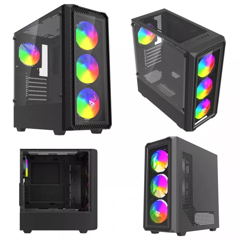 Datora korpuss Savio Noctis Glass RGB Cube, ATX/Micro-ATX/Mini-ITX, rūdīta stikla priekšpuse, RGB ventilatori, melns