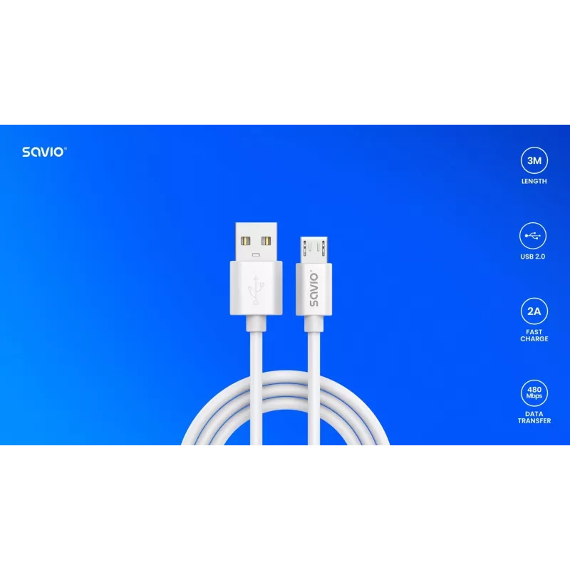 Savio USB 2.0 USB A - Micro USB balts CL-167 3 m kabelis