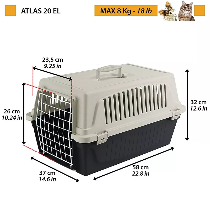 Cietais mājdzīvnieku pārvadāšanas būris FERPLAST Atlas 20 EL, technopolimērs, W370×D580×H320 mm, svars 1.85 kg