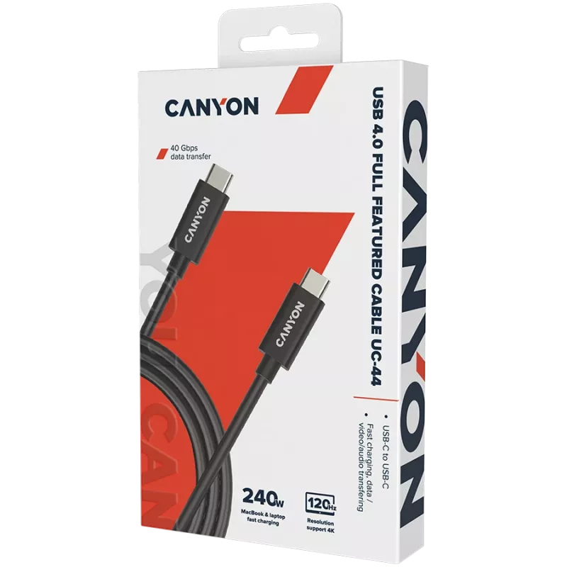 CANYON UC-44 USB4 TYPE-C kabelis 40G 1m 5A 240W melns
