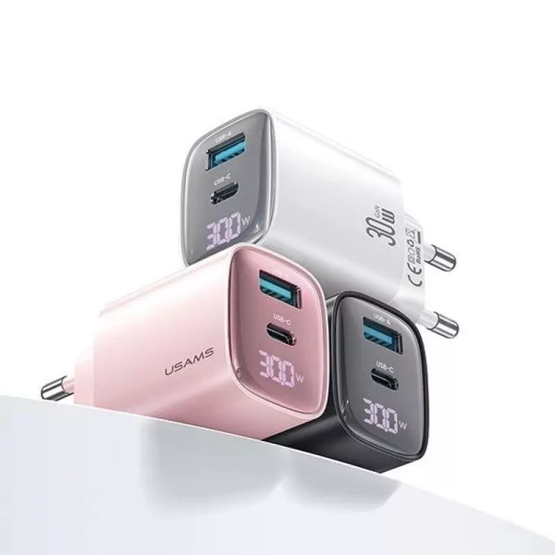usams CC229 30W GaN ātrais lādētājs balts — USB un USB-C, LED indikators