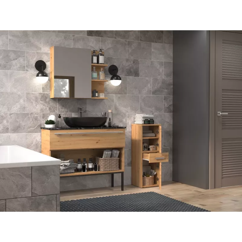 Brīvi stāvošs vannas istabas plauktu skapis Top e Shop NEL V DDS ARTISAN — ozola rāmis, 3 plaukti, 300×300×850 mm