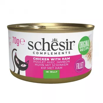 Slapjā kaķu barība Agras Pet Foods SCHESIR Vistas gaļa ar šķiņķi želejā, 70 g, 12% olbaltumvielu, 86% mitruma
