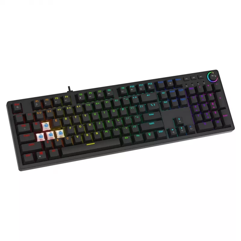 Mehāniskā spēļu tastatūra SAVIO STYX Outemu Blue Hot-Swap RGB USB QWERTY US International Melna 104 taustiņi
