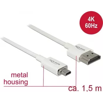 HDMI kabelis DeLOCK 85150 1.5m HDMI A tips uz D tipu Balts