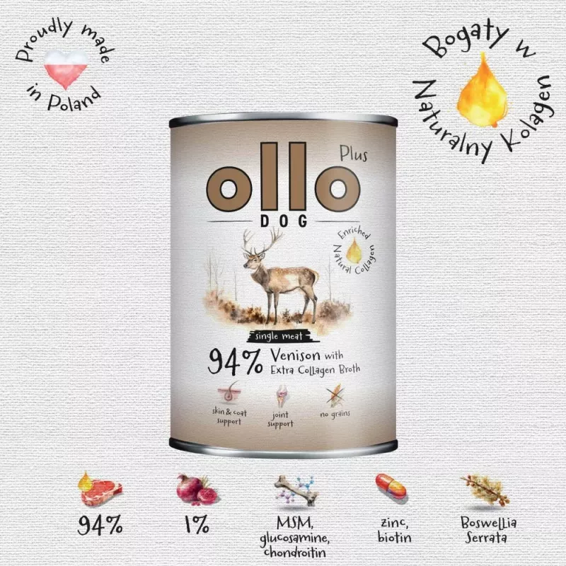 Ollo Plus Kolagen Brieža gaļa 400g suņu barības konservs