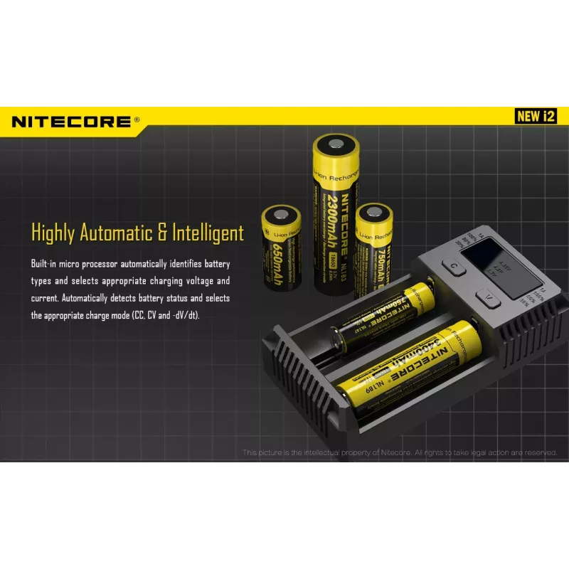 Lādētājs Nitecore NEW i2 — 2 slotu lādētājs LiFePO4, Li-Ion, NiMH; 100–240 V; 9–12 V; AAAA/C/D/AAA/AA; melns