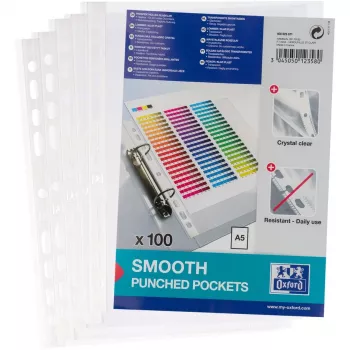 Oxford 400025671 A5 kabatiņas, PP 0,06 mm, caurspīdīgas, ar atvērtu augšmalu, eiroperforētas, 100 gab.