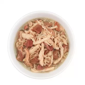 Slapjš kaķu barības buljons Schesir after Dark Complete Brühe 80 g – vistas, bezgraudu, bez lipekļa un sojas