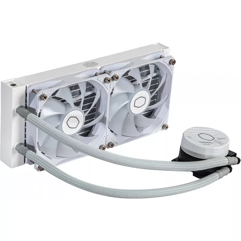 Šķidruma dzesēšanas komplekts Cooler Master MasterLiquid 240L Core ARGB White — 240 mm radiators, 120 mm ventilatori, atbalsta LGA1700/AM5/AM4 un vecākus ligzdas
