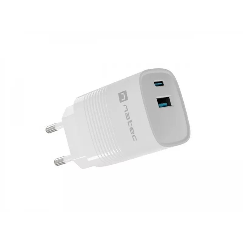 Vadu mobilās ierīces lādētājs NATEC NUC-2140, 30W, USB-C PD 3.0 + USB-A, Samsung AFC, Balts