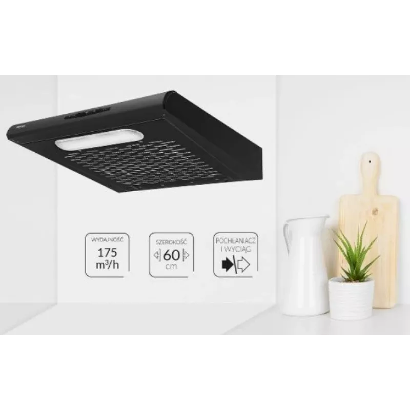 Iebūvējamā tvaika nosūcējs MPM MPM-61-PX-73, melns nerūsējošais tērauds, 600×190×560 mm, 175 m³/h, oglekļa filtrs