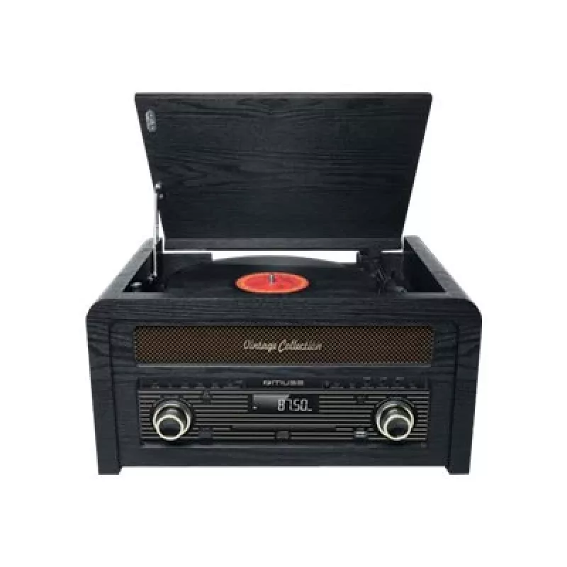 Atskaņotājs muse MT-115 W — melns/zelta, 33-45-78 apgr./min, J-veida tonearm, rotējošs skaļums, 240V maiņstrāva