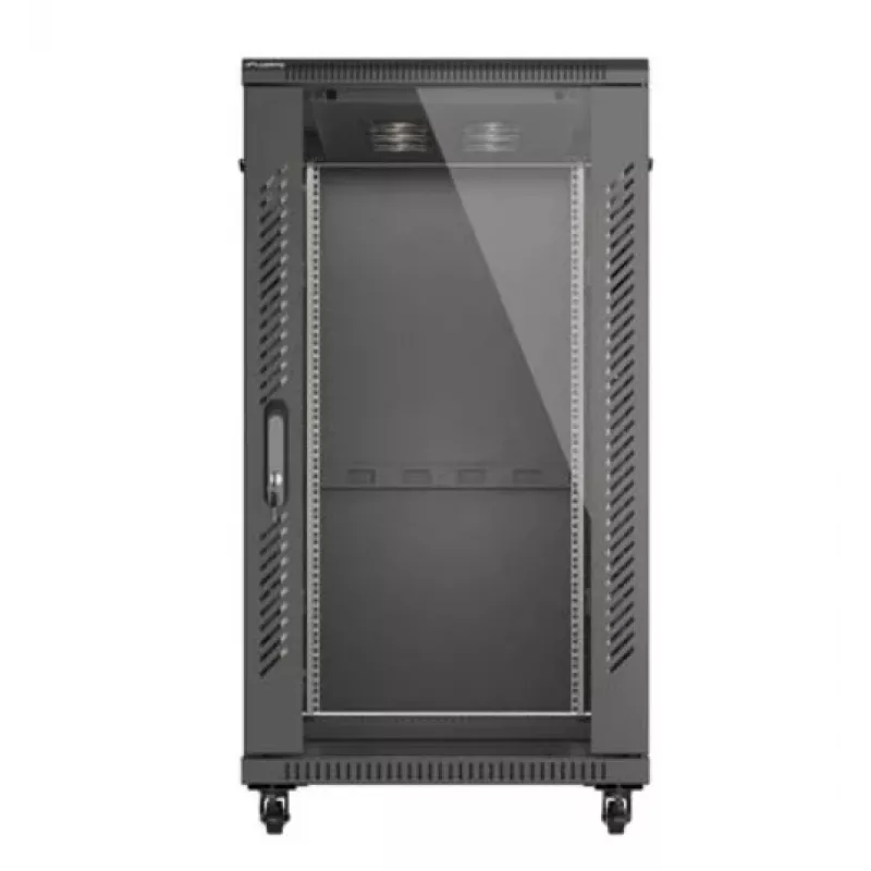 Rack skapis LANBERG FF01-6222-12B 22U 600x1200 mm melns ar stikla priekšējām un aizmugurējām durvīm