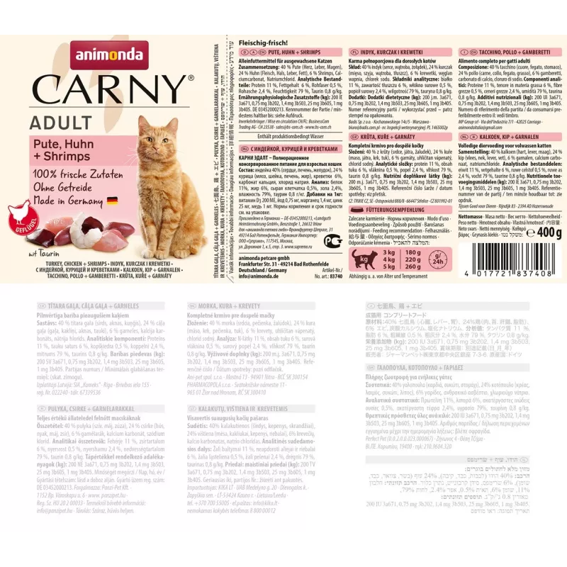 ANIMONDA Carny Adult Tītars, vista un garneles - slapjā barība kaķiem - 400g