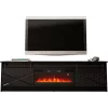 TV statīvs ar kamīnu Cama Meble GRANERO — 200 x 56.7 x 35 cm, melns/melns spīdums, 2 durvis, 2 plaukti, bīdāmās durvis, MDF/skaidu plātne