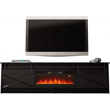 TV statīvs ar kamīnu Cama Meble GRANERO — 200 x 56.7 x 35 cm, melns/melns spīdums, 2 durvis, 2 plaukti, bīdāmās durvis, MDF/skaidu plātne
