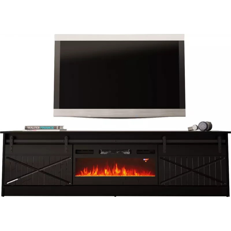 TV statīvs ar kamīnu Cama Meble GRANERO — 200 x 56.7 x 35 cm, melns/melns spīdums, 2 durvis, 2 plaukti, bīdāmās durvis, MDF/skaidu plātne