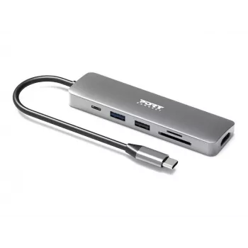Port Designs 900162 USB-C centrmezgls — USB-C izeja, 4K@60Hz, 20V/5A, 117×34×13 mm, sudrabs