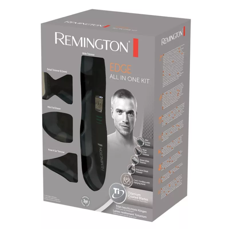 Remington PG6030 Edge personīgās kopšanas komplekts, ar titānu pārklāti asmeņi, 7 garuma iestatījumi, akumulators, bārdai/galvai/degunam/ausīm, melns