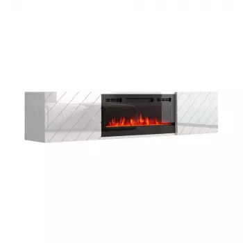 TV skapis cama meble LUXE 1826×345×375 mm balts spīdums ar iebūvētu melnu elektrisko kamīnu (1400–1600 W)