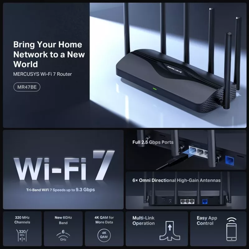Bezvadu maršrutētājs MERCUSYS MR47BE — Tri‑joslu Wi‑Fi 7 (2.4/5/6 GHz), 9300 Mbps, 3× RJ‑45, 2.5GbE, 6 ārējās antenas