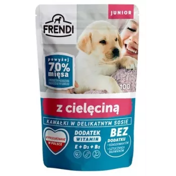 FRENDI Junior gabaliņi maigas mērcē ar teļa gaļu - Mitrā suņu barība - 100 g