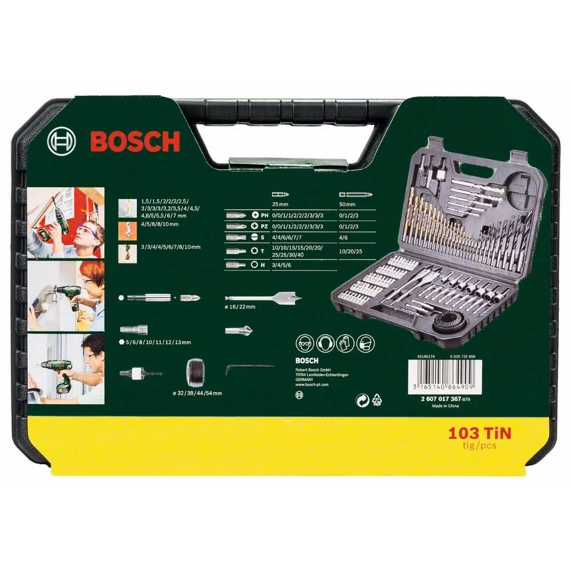 Piederumu komplekts Bosch V-Line 103 gab. — Bosch 103 detaļu urbj- un skrūvgriežu piederumu komplekts