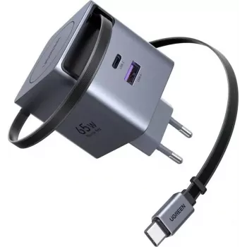 UGREEN X615 65W GaN ātrlādētājs ar 1x USB-C, 1x USB-A un ievelkamu kabeli (modelis 65825)