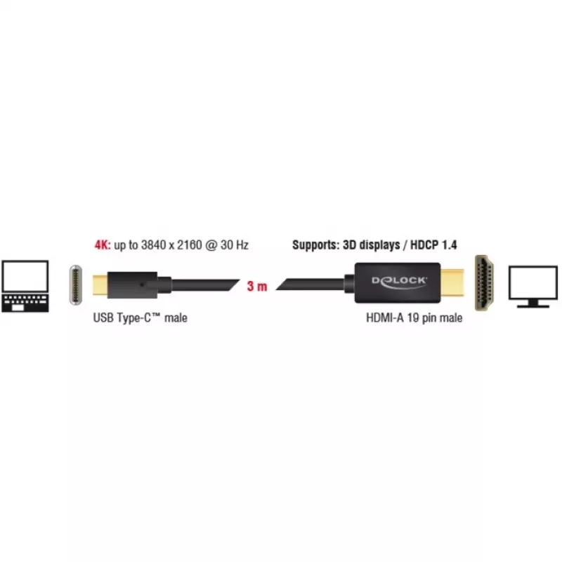 Videokabeļa adapteris DeLOCK 85260 USB Type-C HDMI 3 m Melns