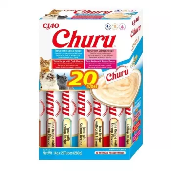 Slapjš kaķu gardums INABA Churu 20 x 14 g — tuncis un jūras velšu garšas putas tūbiņās