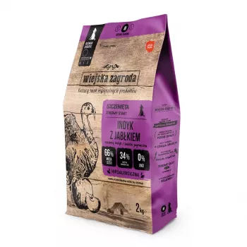 Sausā suņu barība Wiejskazagroda Indyk ar tītaru un ābolu, pilnvērtīga pieaugušo barība, 2 kg, bezgraudu