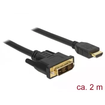 DeLOCK video kabelis – Single Link – HDMI / DVI – DVI-D (vīriešu) uz HDMI (vīriešu) – 2 m – trīskārša izolācija – melns – ar skrūvēm