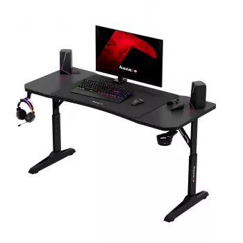 Gaminga galds huzaro Hero 3.6 — taisnstūra 1400×600 mm, augstuma regulējums 560–790 mm, melns, H-kājas, 15 mm virsma