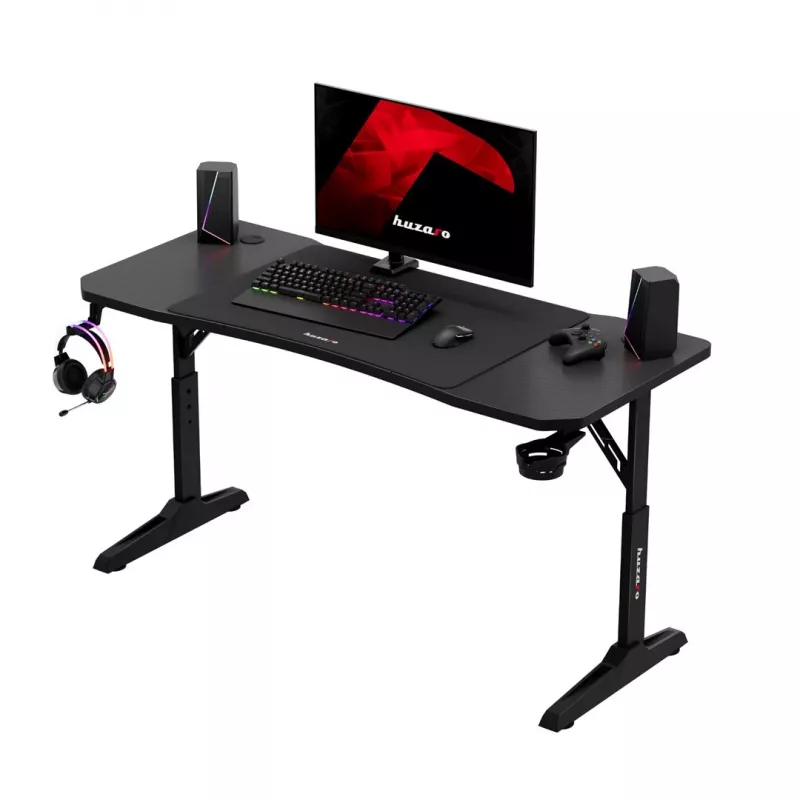 Gaminga galds huzaro Hero 3.6 — taisnstūra 1400×600 mm, augstuma regulējums 560–790 mm, melns, H-kājas, 15 mm virsma