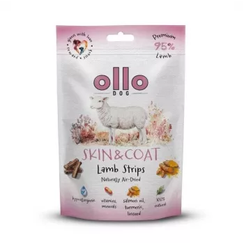 Suņu gardums OLLO Air-Dried Skin & Coat Lamb Strips 80 g — gaisā kaltētas jēra strēmeles hipoalerģisks našķis ādas un apmatojuma atbalstam