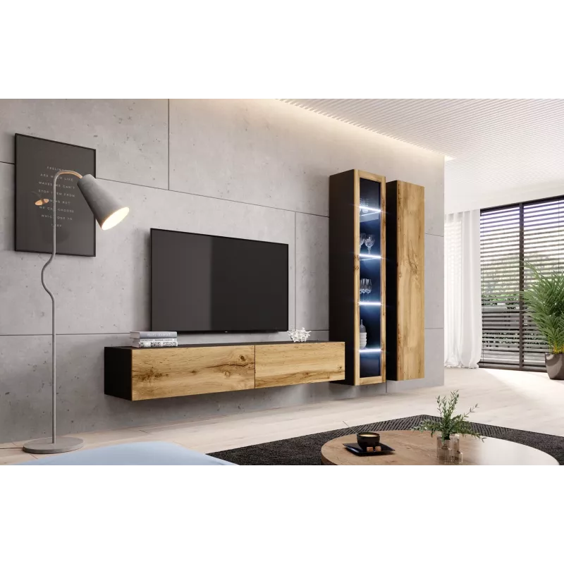 Vitrīnas skapis Cama Meble VIGO 180 sienas stikla vitrīna 1800×400×300 mm melns/wotan ozols