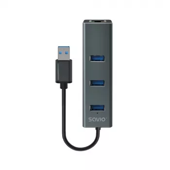 SAVIO USB-A centrmezgls ar RJ-45 Gigabit Ethernet AK-57 — 3× USB-A + RJ-45, USB 3.2 Gen 1 Micro‑B resursdators, 5 Gbit/s, 4 porti, pelēks